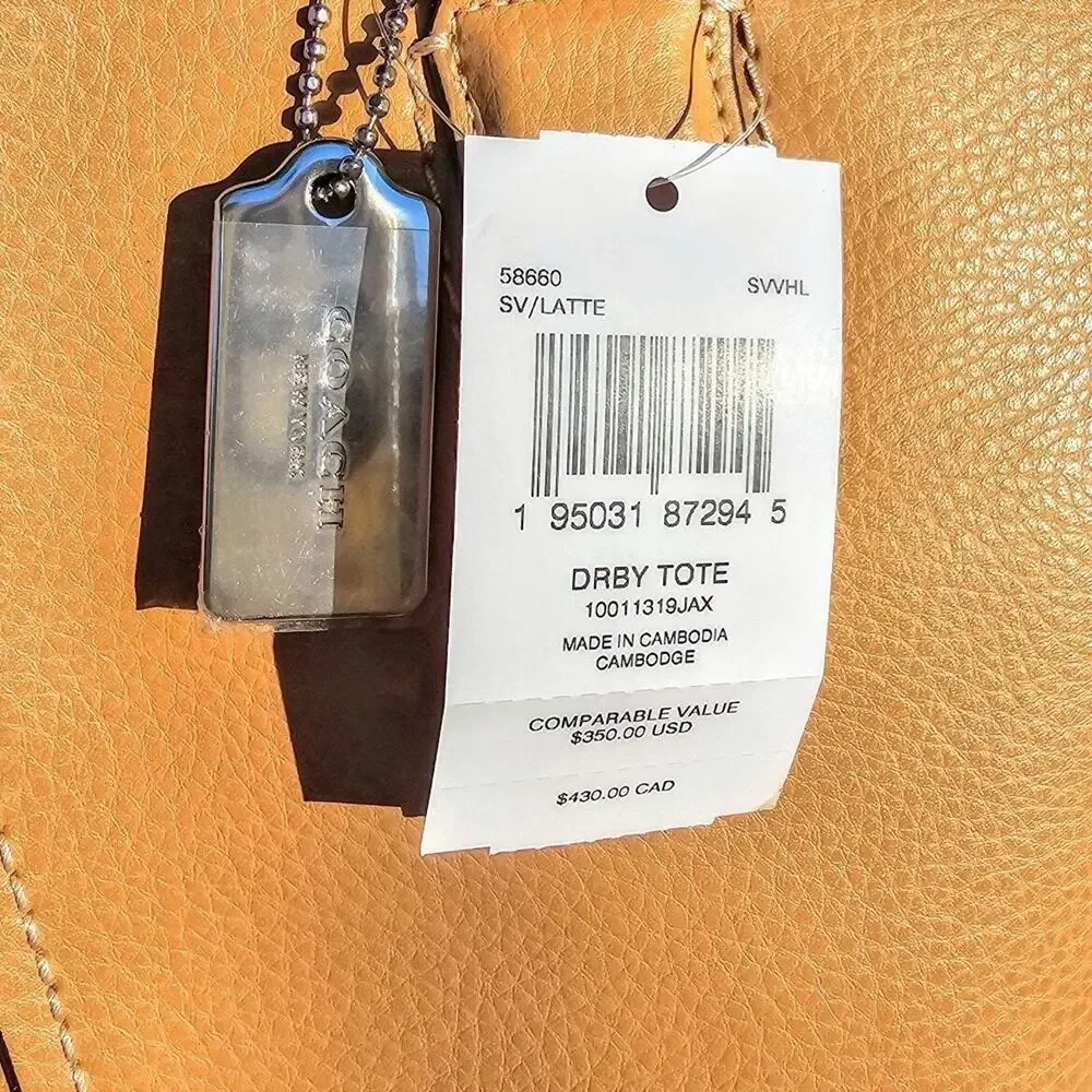 Coach 58660 Derby Tote Pebble Leather Shoulder Bag Latte Brown Yellow Lining NWT